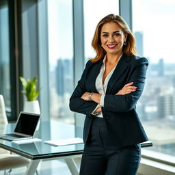 A powerful and confident woman in a modern office setting, wearing a chic business suit, standing with arms crossed, exuding leadership and authority