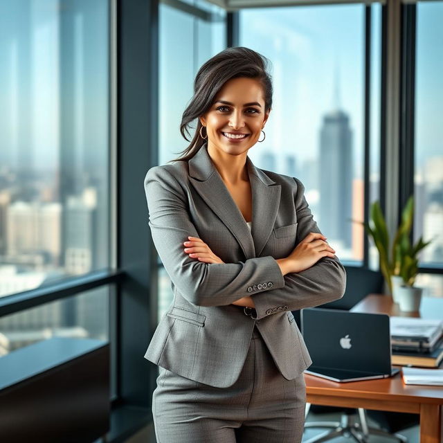 A powerful and confident woman in a modern office setting, wearing a chic business suit, standing with arms crossed, exuding leadership and authority