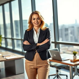 A powerful and confident woman in a modern office setting, wearing a chic business suit, standing with arms crossed, exuding leadership and authority