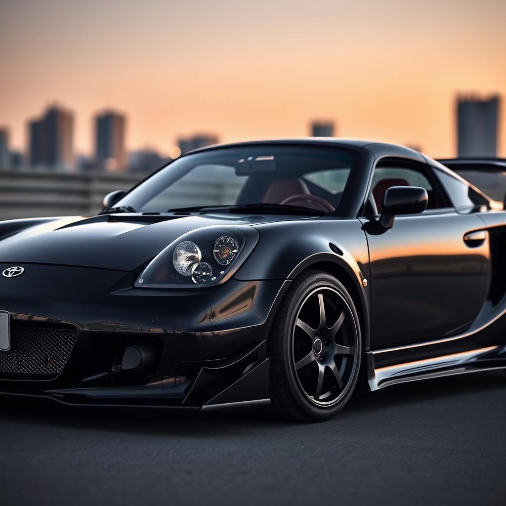 A sleek black Toyota MR2 Spyder featuring a stylish body kit, showcasing aggressive lines and sporty aesthetics