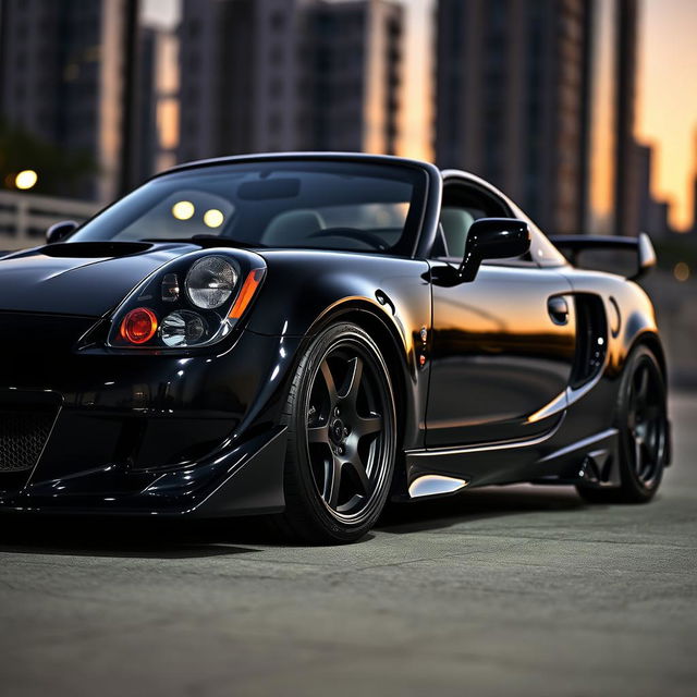 A sleek black Toyota MR2 Spyder featuring a stylish body kit, showcasing aggressive lines and sporty aesthetics