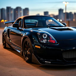 A sleek black Toyota MR2 Spyder featuring a stylish body kit, showcasing aggressive lines and sporty aesthetics