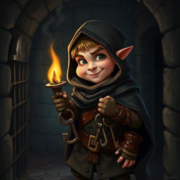 A cunning halfling thief dressed in stealthy attire, featuring a dark hooded cloak and leather garb that allows for quick movements