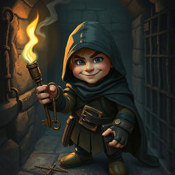 A cunning halfling thief dressed in stealthy attire, featuring a dark hooded cloak and leather garb that allows for quick movements