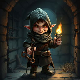 A cunning halfling thief dressed in stealthy attire, featuring a dark hooded cloak and leather garb that allows for quick movements