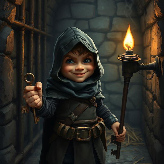 A cunning halfling thief dressed in stealthy attire, featuring a dark hooded cloak and leather garb that allows for quick movements