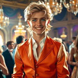 A charismatic prince radiating charm and extroverted energy, becoming the vibrant center of attention at a royal gathering