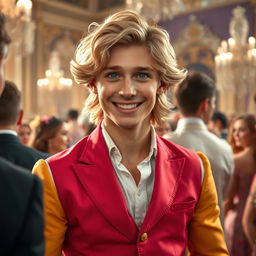 A charismatic prince radiating charm and extroverted energy, becoming the vibrant center of attention at a royal gathering