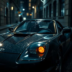 A sleek black Toyota MR2 Spyder with an aggressive body kit, parked in a dark alley during a rainstorm