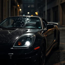 A sleek black Toyota MR2 Spyder with an aggressive body kit, parked in a dark alley during a rainstorm
