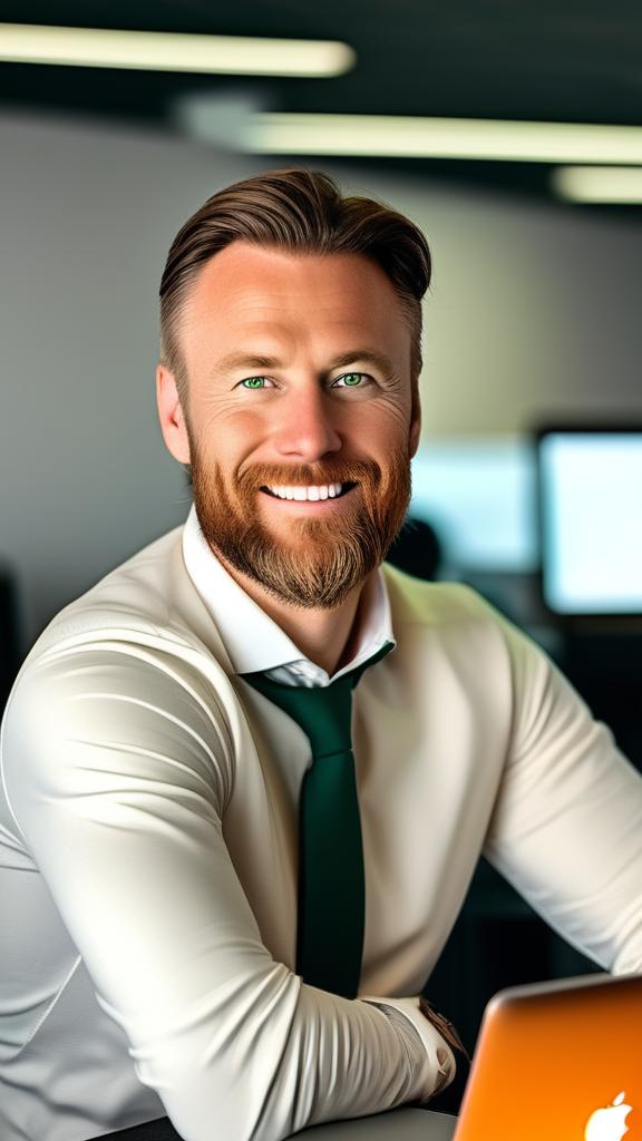 Norwegian male programmer in his 30s with green eyes and great features, dressed professionally