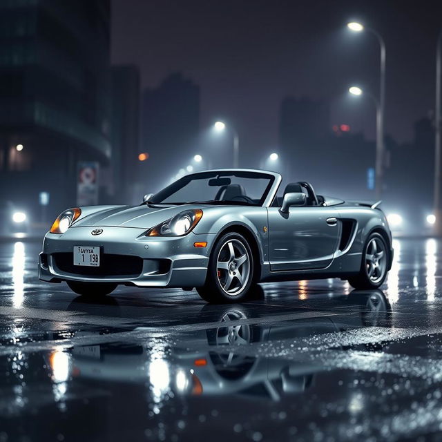 A Toyota MR2 Spyder in a sleek grey color, parked on a glistening wet street during the night