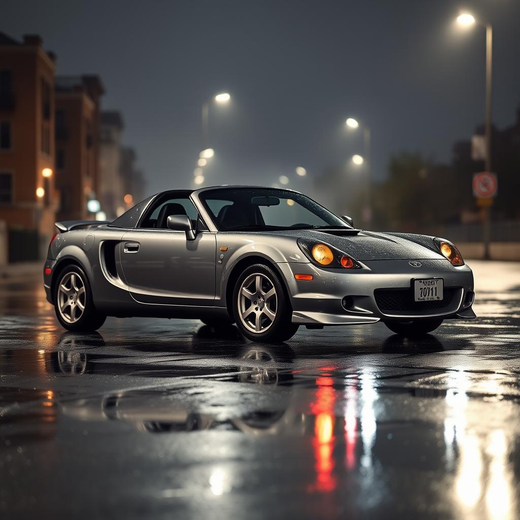 A Toyota MR2 Spyder in a sleek grey color, parked on a glistening wet street during the night