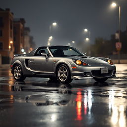 A Toyota MR2 Spyder in a sleek grey color, parked on a glistening wet street during the night
