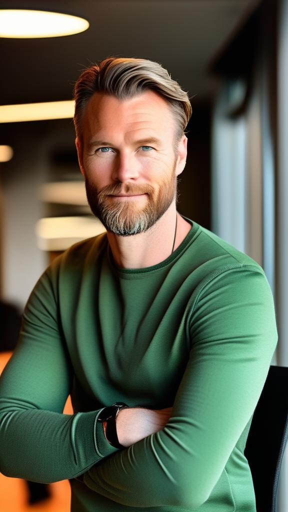 Norwegian male programmer in his 30s with green eyes and great features, dressed professionally