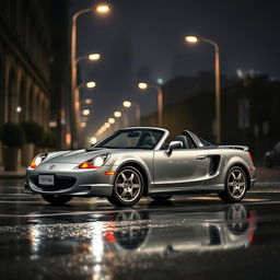 A Toyota MR2 Spyder in a sleek grey color, parked on a glistening wet street during the night