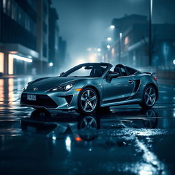A Toyota MR2 Spyder in a sleek grey color, parked on a glistening wet street during the night