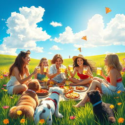 A vibrant scene depicting a group of friends joyfully celebrating at a sun-kissed outdoor picnic, surrounded by lush green grass and colorful flowers