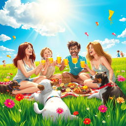A vibrant scene depicting a group of friends joyfully celebrating at a sun-kissed outdoor picnic, surrounded by lush green grass and colorful flowers