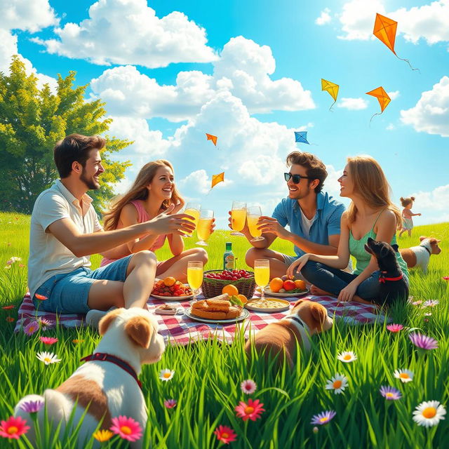 A vibrant scene depicting a group of friends joyfully celebrating at a sun-kissed outdoor picnic, surrounded by lush green grass and colorful flowers