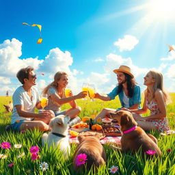 A vibrant scene depicting a group of friends joyfully celebrating at a sun-kissed outdoor picnic, surrounded by lush green grass and colorful flowers