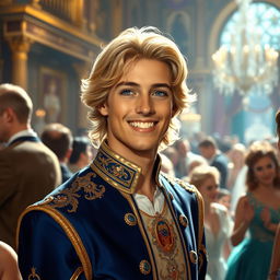 A charismatic prince who embodies infatuation and extroversion, standing at the vibrant center of a grand royal gathering