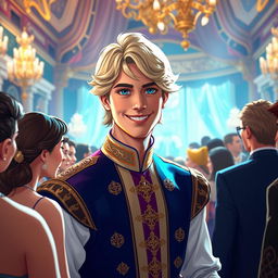 A charismatic prince who embodies infatuation and extroversion, standing at the vibrant center of a grand royal gathering