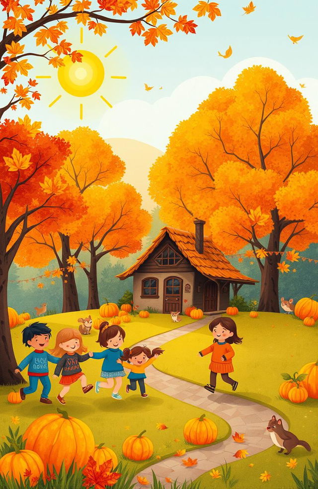 An enchanting autumn scene for a children's book titled 'Discover the World'