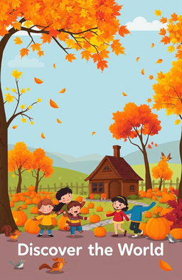 An enchanting autumn scene for a children's book titled 'Discover the World'