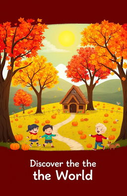 An enchanting autumn scene for a children's book titled 'Discover the World'