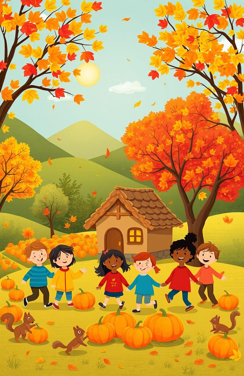 An enchanting autumn scene for a children's book titled 'Discover the World'