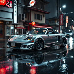 A Toyota MR2 Spyder parked on a rain-soaked street in Japan during a grey night