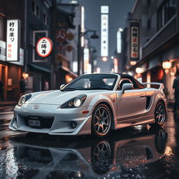 A Toyota MR2 Spyder parked on a rain-soaked street in Japan during a grey night