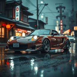 A Toyota MR2 Spyder parked on a rain-soaked street in Japan during a grey night