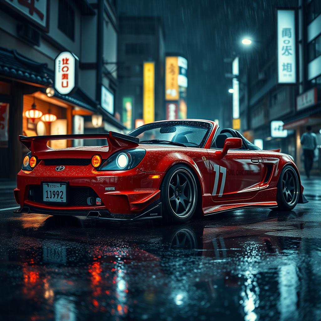 A Toyota MR2 Spyder parked on a rain-soaked street in Japan during a grey night