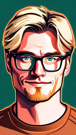 Digital portrait of a Norwegian programmer in his 30s with green eyes, sandy blonde hair, wearing glasses and smart-casual attire