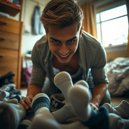 A young man kneeling in a dorm room, exploring a playful and intimate moment surrounded by discarded socks, with a focus on his expressive, intense demeanor