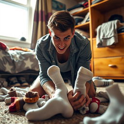 A young man kneeling in a dorm room, exploring a playful and intimate moment surrounded by discarded socks, with a focus on his expressive, intense demeanor