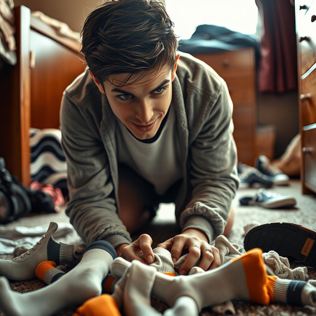 A young man kneeling in a dorm room, exploring a playful and intimate moment surrounded by discarded socks, with a focus on his expressive, intense demeanor