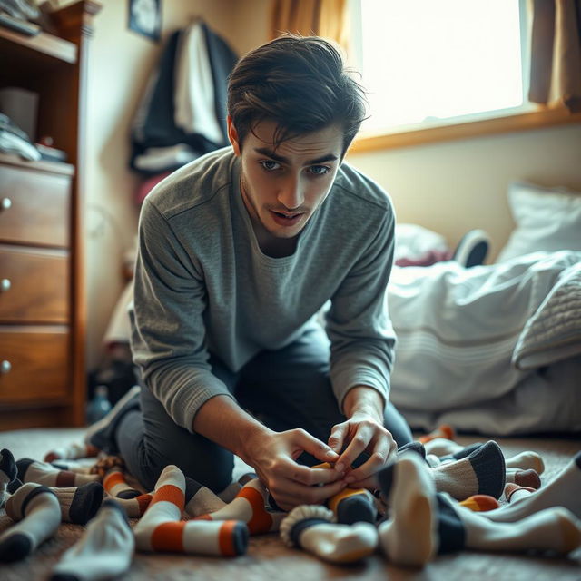 A young man kneeling in a dorm room, exploring a playful and intimate moment surrounded by discarded socks, with a focus on his expressive, intense demeanor