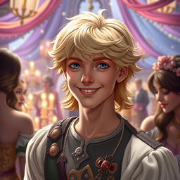 In a Dungeons & Dragons style, a charming prince with an infatuated and extroverted character stands as the vibrant center of attention at an enchanted gathering