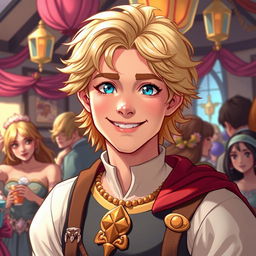 In a Dungeons & Dragons style, a charming prince with an infatuated and extroverted character stands as the vibrant center of attention at an enchanted gathering