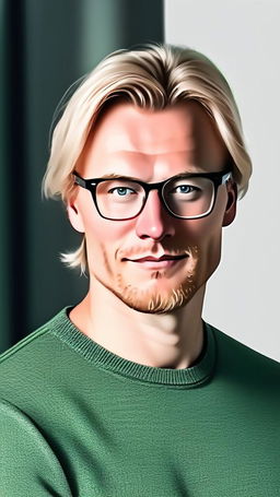 Digital portrait of a Norwegian programmer in his 30s with green eyes, sandy blonde hair, wearing glasses and smart-casual attire