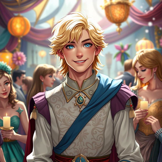 In a Dungeons & Dragons style, a charming prince with an infatuated and extroverted character stands as the vibrant center of attention at an enchanted gathering