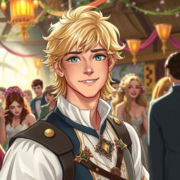 In a Dungeons & Dragons style, a charming prince with an infatuated and extroverted character stands as the vibrant center of attention at an enchanted gathering