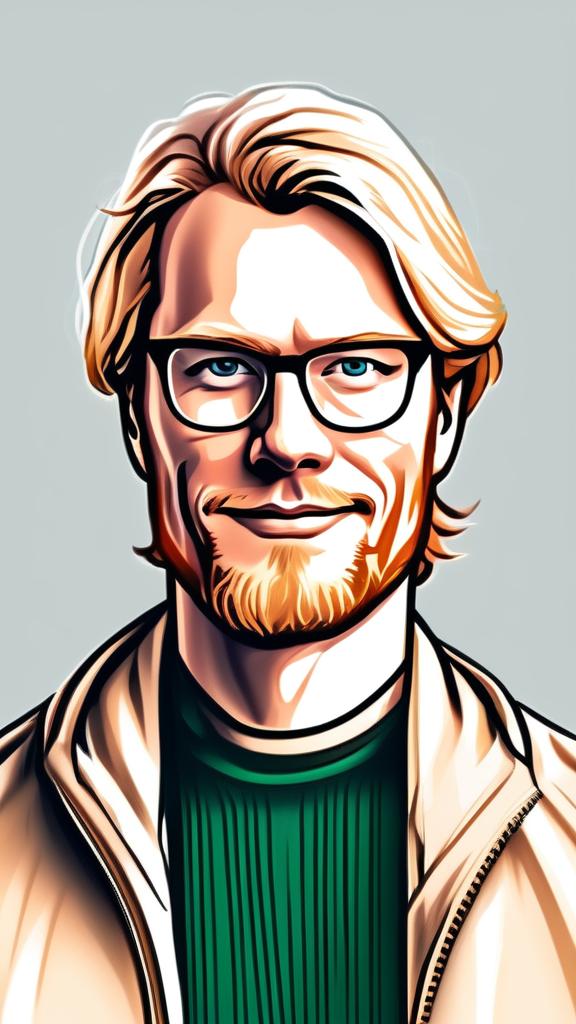 Digital portrait of a Norwegian programmer in his 30s with green eyes, sandy blonde hair, wearing glasses and smart-casual attire