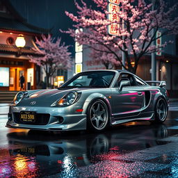 A Toyota MR2 Spyder in a sleek grey color parked on a rain-soaked street in Japan at night