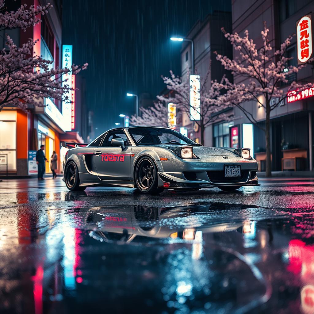 A Toyota MR2 Spyder in a sleek grey color parked on a rain-soaked street in Japan at night