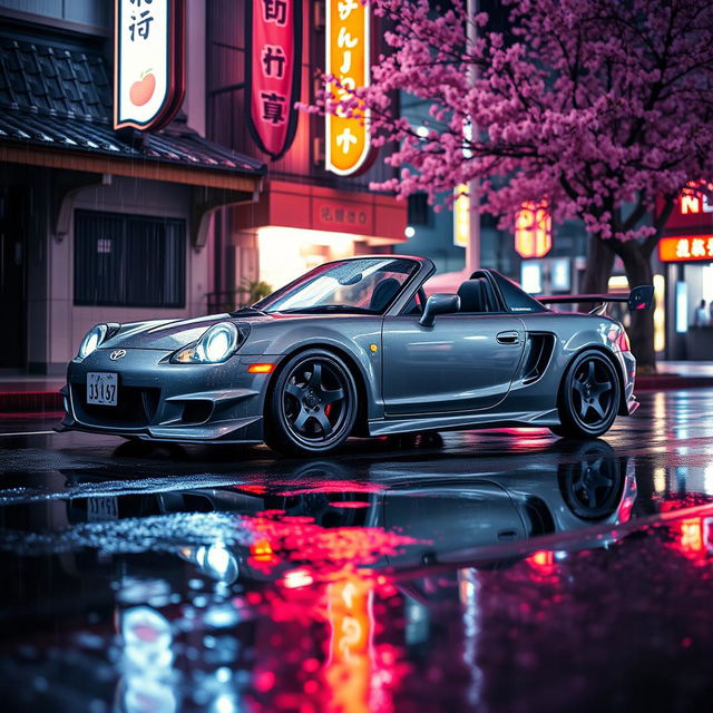 A Toyota MR2 Spyder in a sleek grey color parked on a rain-soaked street in Japan at night