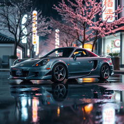 A Toyota MR2 Spyder in a sleek grey color parked on a rain-soaked street in Japan at night